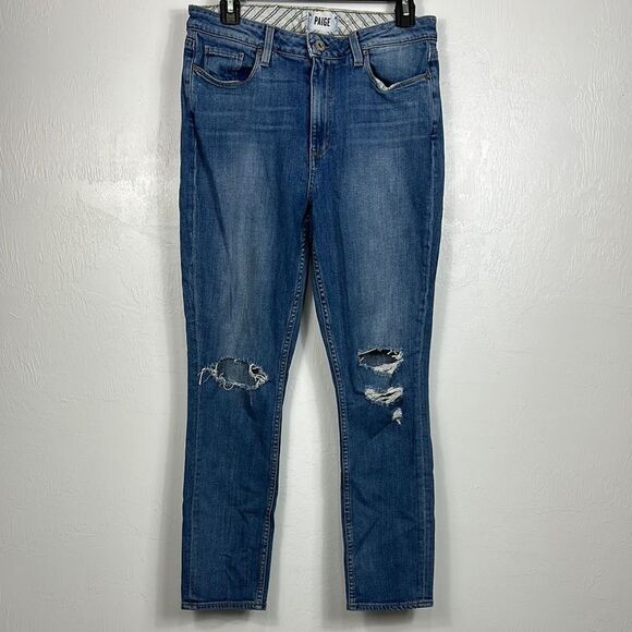 Paige Carter Slim Mid Rise Distressed Cotton Blend Blue Jeans Size 30 - Picture 2 of 11